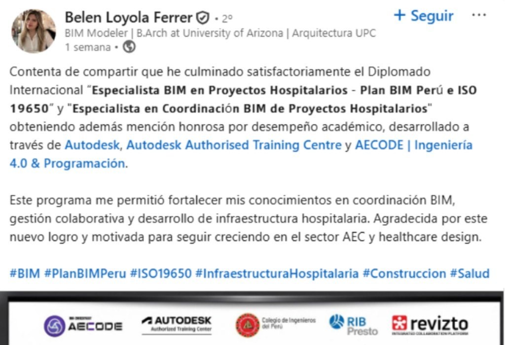 Publicación de LinkedIn de Belén Loyola sobre el diplomado