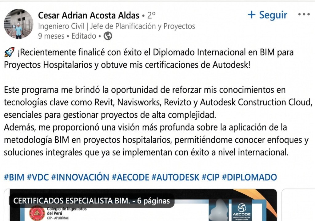 Publicación de LinkedIn de César Adrián Acosta sobre el diplomado
